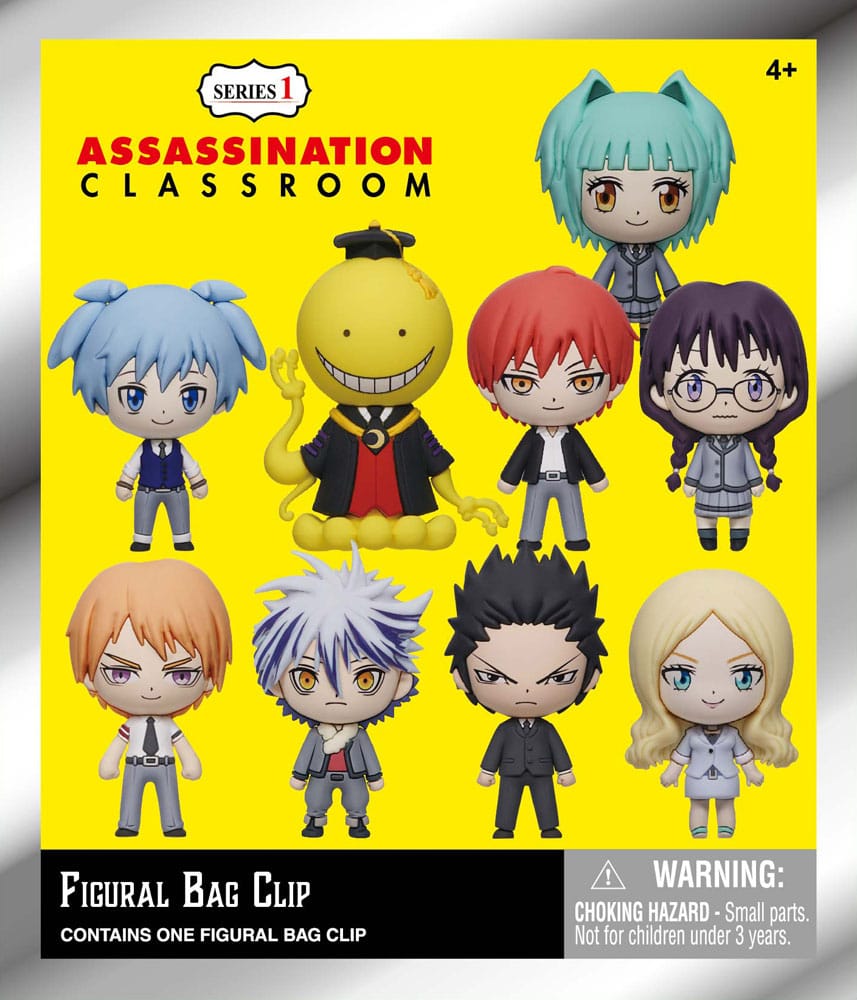 Visuel Assassination Classroom Figural Bag Clip Series 1 avec Koro-sensei, Nagisa, Karma et plusieurs personnages chibi.