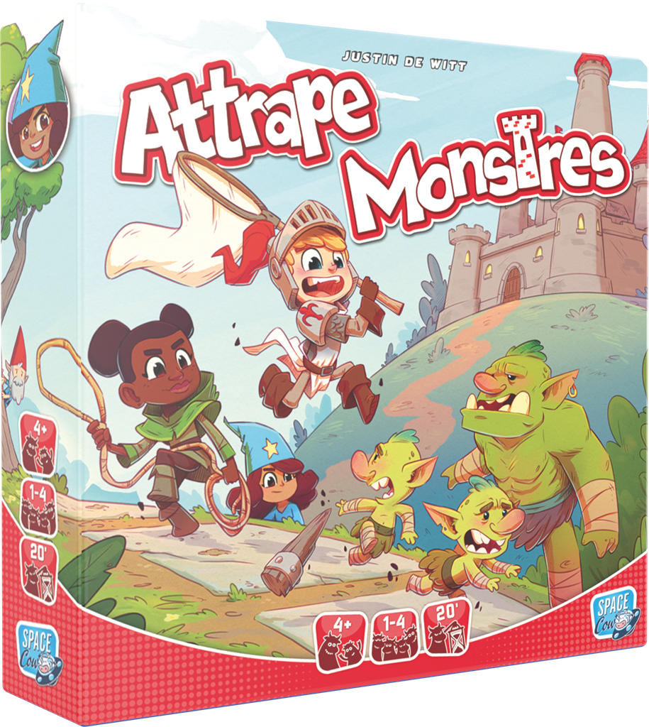 Boîte du jeu Attrape Monstres avec enfants aventuriers poursuivant des monstres près d’un château, illustration colorée et familiale.