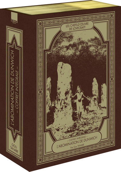 Coffret Les Chefs-d’œuvre de Lovecraft L’Abomination de Dunwich Vol. 1 à 3 par Gou Tanabe, avec illustration sépia et dorée.