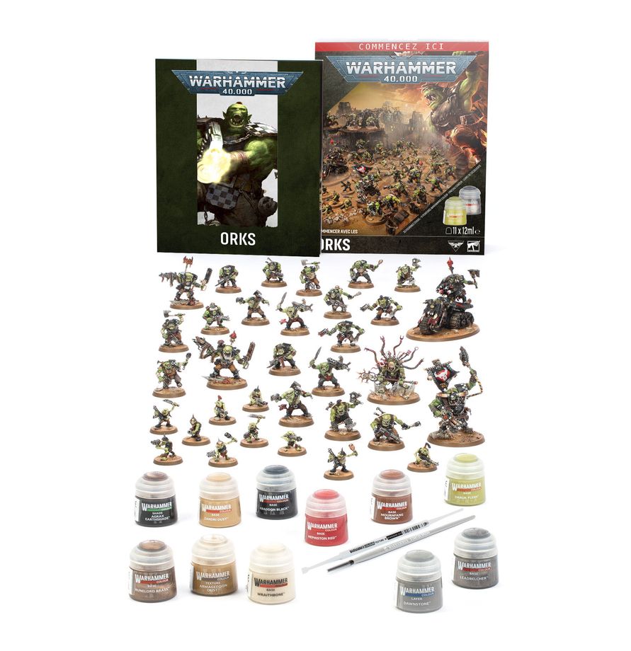 Coffret Warhammer 40,000 Commencer avec les Orks avec figurines Orks, livres, peintures Citadel et pinceau pour débuter une armée.