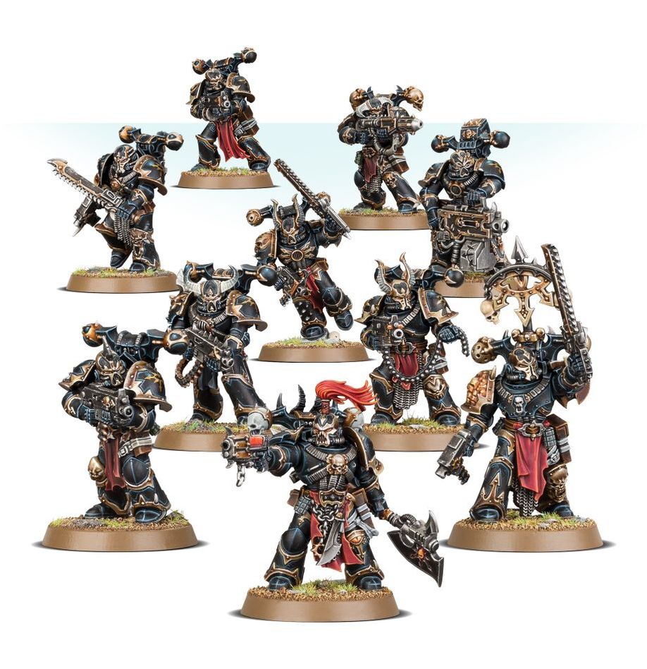Boîte de figurines Légionnaires Space Marines du Chaos pour Warhammer 40K, contenant 10 miniatures modulables.