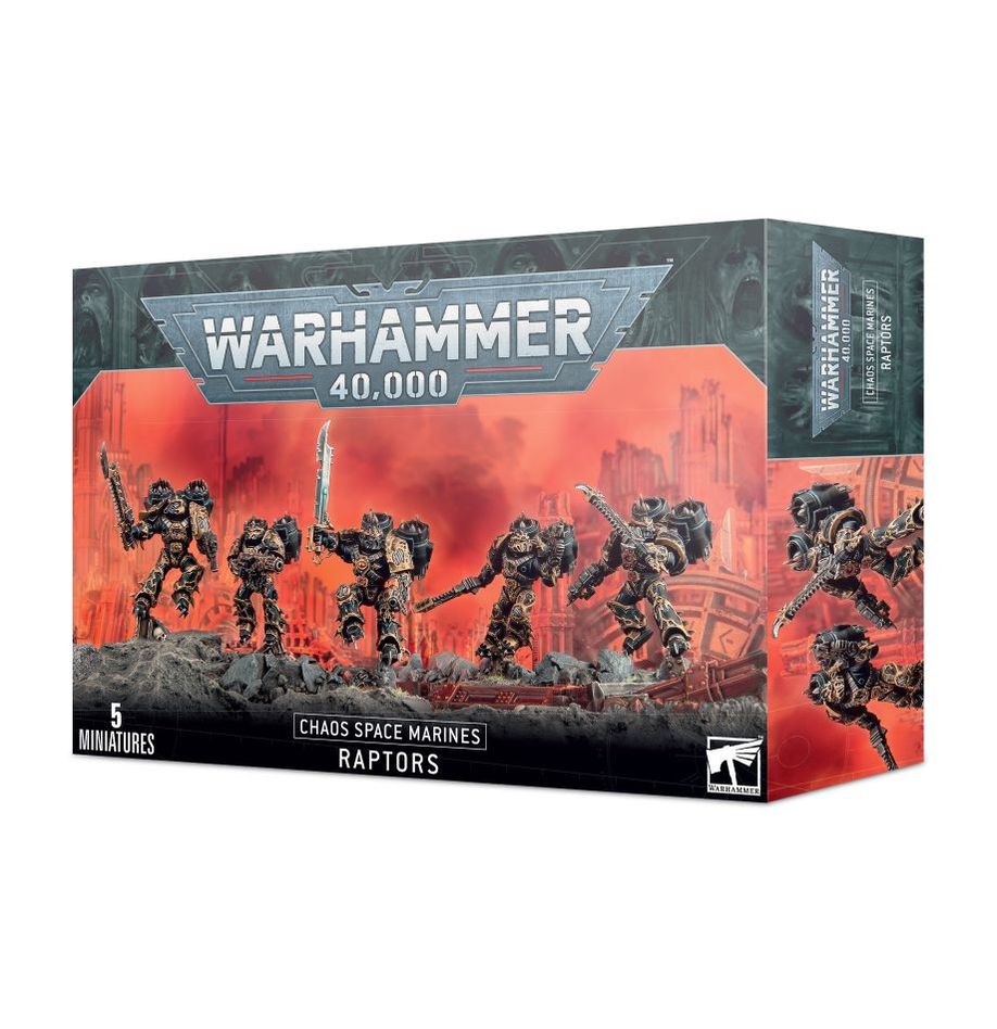 Boîte de figurines Raptors du Chaos pour Warhammer 40K, avec 5 miniatures dynamiques et armées.