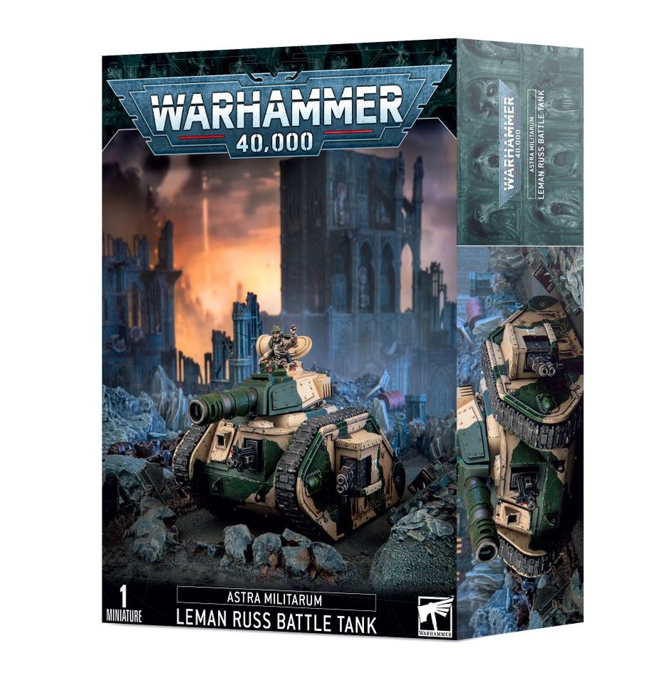 Boîte de figurine Leman Russ Battle Tank pour Warhammer 40K, véhicule blindé iconique de l’Astra Militarum.