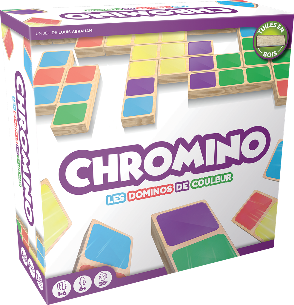 Boîte du jeu Chromino avec tuiles en bois colorées, domininos de couleur et indications 1 à 6 joueurs, dès 6 ans, 30 minutes.