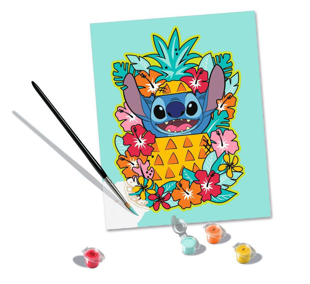 CreArt Ravensburger Disney Stitch, peinture par numéros 24 x 30 cm avec Stitch dans un ananas entouré de fleurs tropicales.