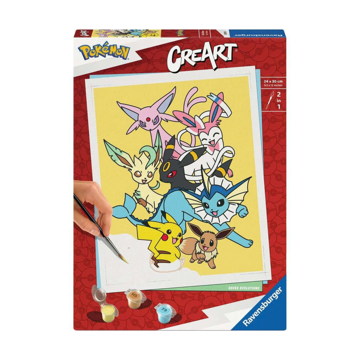 CreArt Ravensburger Pokémon Pikachu & Évoli, peinture par numéros 24 x 30 cm avec Pikachu, Évoli et plusieurs Évolitions sur fond jaune.