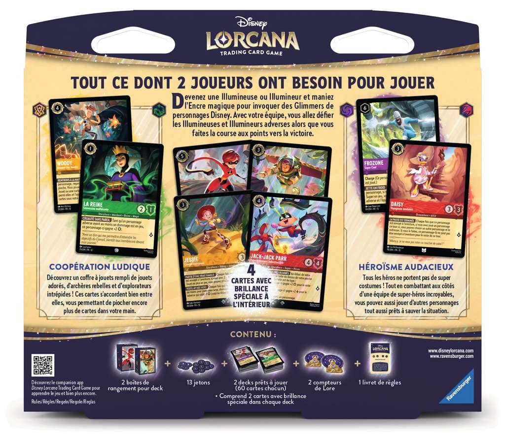 Coffret de démarrage 2 joueurs Disney Lorcana avec Buzz l’Éclair et Mme Indestructible, contenant 2 decks, 2 boîtes de deck et 2 compteurs de Lore.