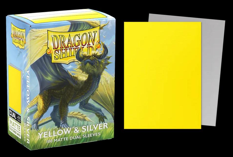 Boîte Dragon Shield Dual Matte Yellow & Silver contenant 100 protège-cartes standard jaunes avec intérieur argenté et finition mate.