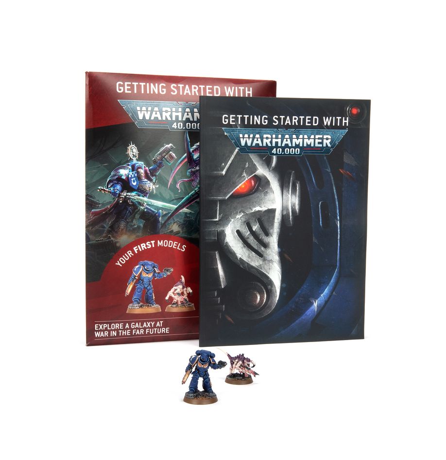 Livre Getting Started with Warhammer 40,000, avec figurines exclusives Space Marine et Tyranide pour découvrir l’univers du jeu.