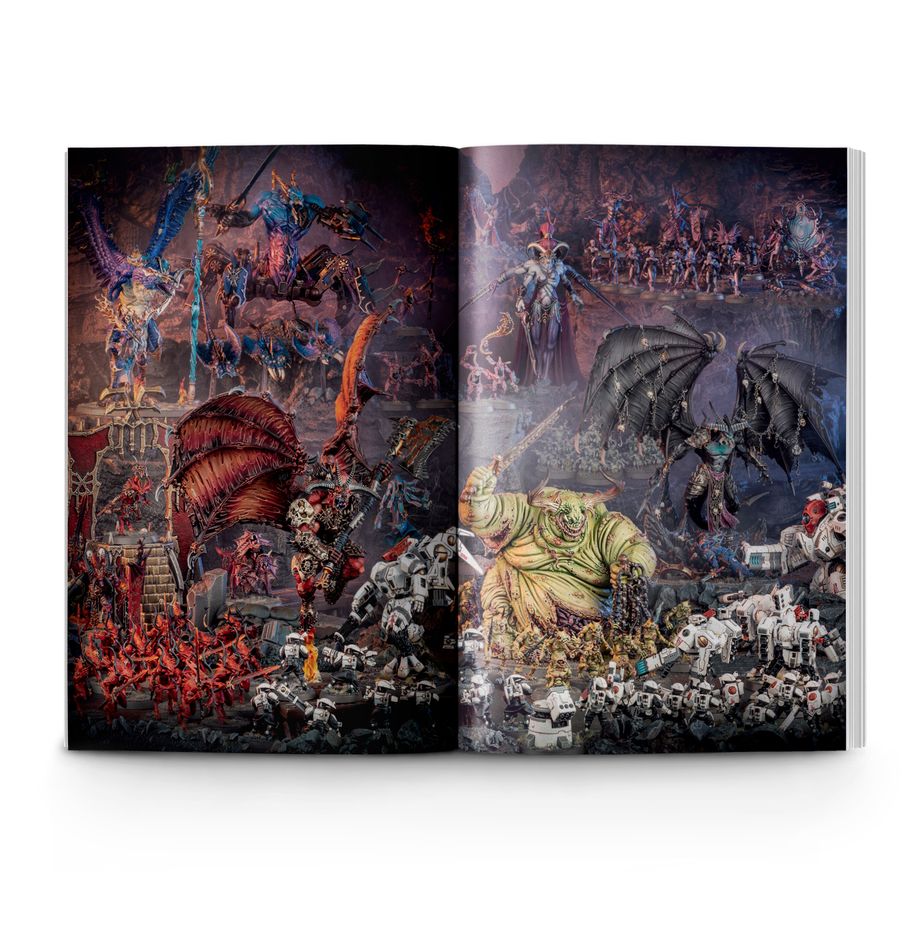 Livre Getting Started with Warhammer 40,000, avec figurines exclusives Space Marine et Tyranide pour découvrir l’univers du jeu.