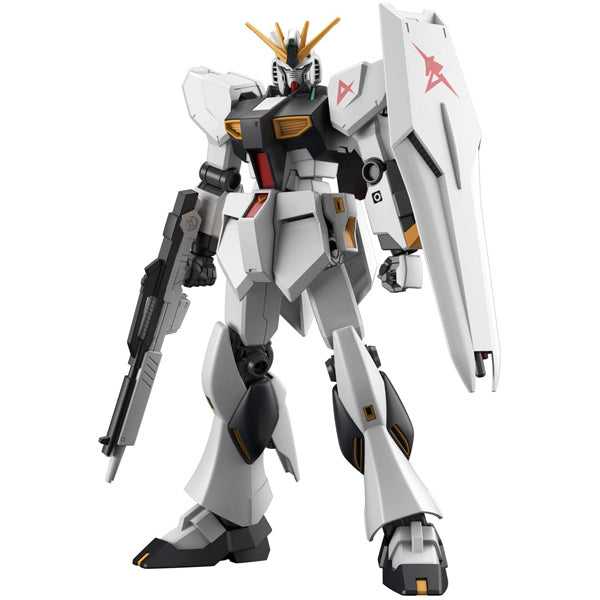 Modèle Gunpla Entry Grade 1/144 RX-93 Nu Gundam blanc avec bouclier et fusil, kit Bandai simple à assembler.