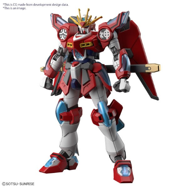 Gunpla HG 1/144 Shin Burning Gundam rouge et blanc avec pièces translucides bleues, modèle articulé Bandai.