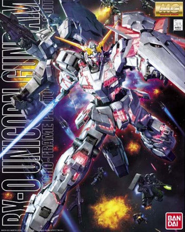 Maquette Gunpla MG 1/100 Unicorn Gundam en pose dynamique avec sabre laser, modèle transformable entre Unicorn et Destroy Mode