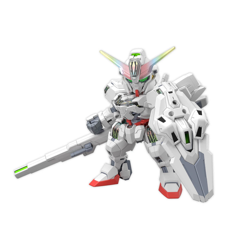 Gunpla SD Cross Silhouette Gundam Calibarn blanc avec fusil et bouclier, modèle compact stylisé de The Witch from Mercury.