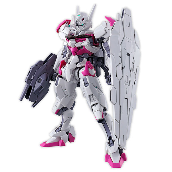 Maquette Gunpla HG 1/144 Gundam Lfrith blanche et rose avec bouclier, arme et armure futuriste sur fond blanc.