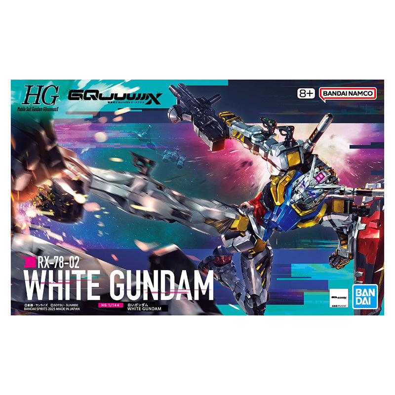 Maquette Gunpla HG 1/144 White Gundam avec armure blanche, touches bleues, rouges et jaunes, fusil et bouclier rouge sur fond blanc.