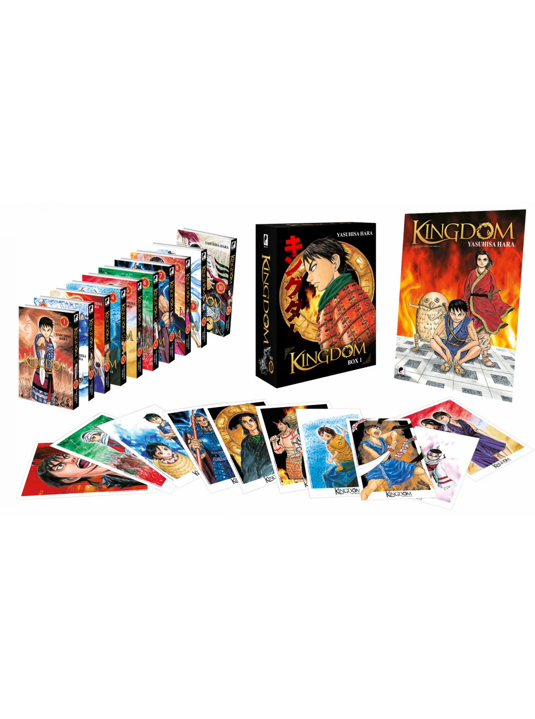 Coffret collector Kingdom Box 1 – tomes 1 à 10 avec illustration de Shin en armure rouge, série de Yasuhisa Hara.