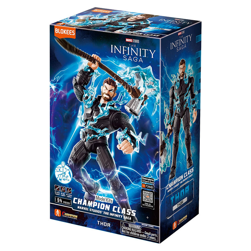 Boîte Marvel Blokees Champion Class Thor Infinity Saga avec le héros tenant Stormbreaker entouré d’éclairs bleus.