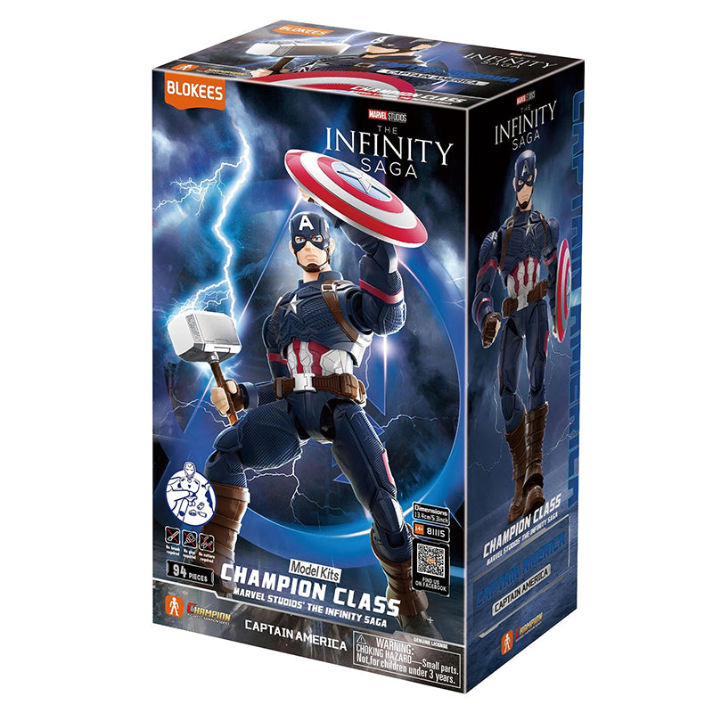 Boîte Marvel Blokees Champion Class Captain America Infinity Saga avec le héros tenant son bouclier et le marteau de Thor.