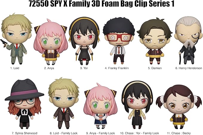 Visuel Spy x Family Figural Bag Clip Series 1 avec plusieurs personnages chibi dont Anya, Loid et Yor, vendus en sachet mystère.