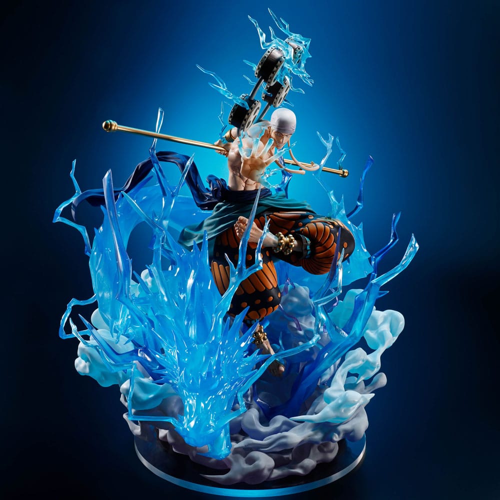 Figurine d'Enel de One Piece lançant une attaque électrique, entouré de foudre bleue, issue de la collection Figuarts ZERO Extra Battle.