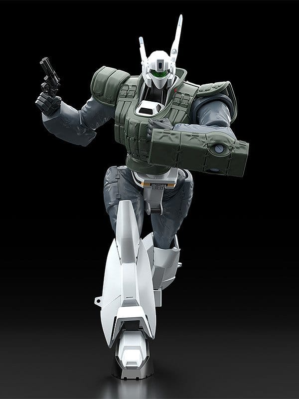 Plastic Model Kit MODEROID Patlabor 2 The Movie AV-98 Ingram Reactive Armor 1/60 de 13 cm, mecha blanc avec armure réactive verte, bouclier et arme.