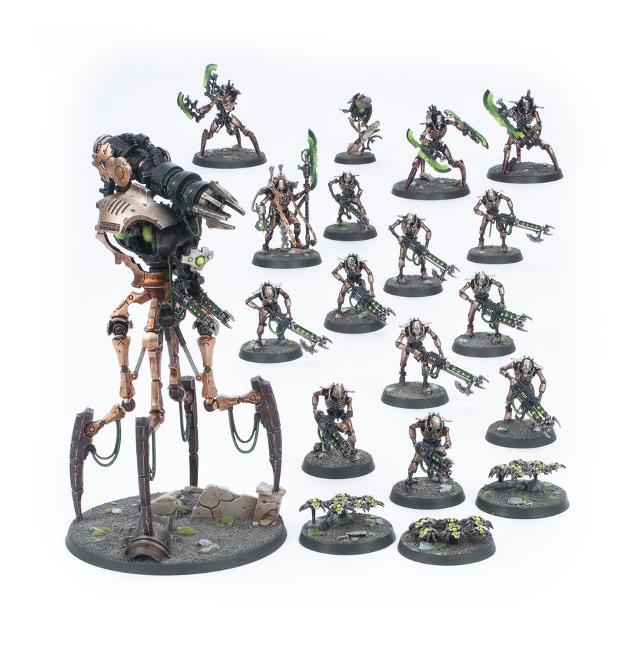Boîte Warhammer 40,000 Combat Patrol Necrons contenant 19 figurines mécaniques : guerriers, scarabées, destroyers et un seigneur