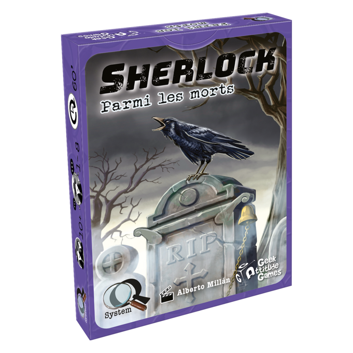 Boîte du jeu Q System Sherlock Parmi les Morts de Geek Attitude Games, illustrant un corbeau noir posé sur une pierre tombale RIP dans un cimetière brumeux.