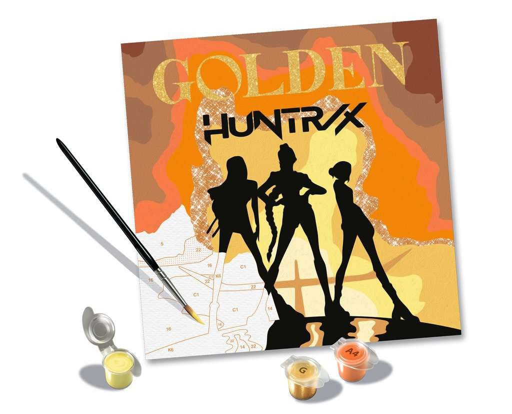 CreArt Ravensburger KPop Demon Hunters Golden, peinture par numéros 20 x 20 cm avec silhouettes HUNTR/X, peinture dorée et paillettes.
