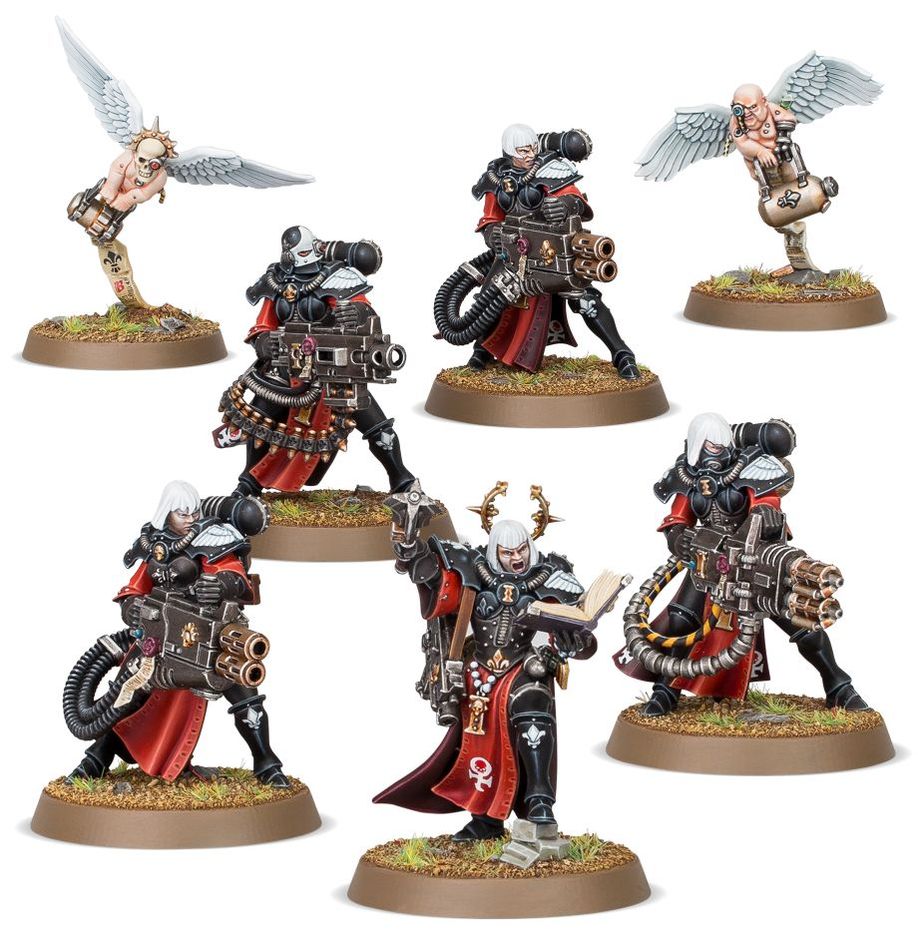 Boîte Warhammer 40K – Escouade de Rédemptrices de l’Adepta Sororitas, figurines armées d’armes lourdes pour purifier l’Imperium par le feu et la foi.