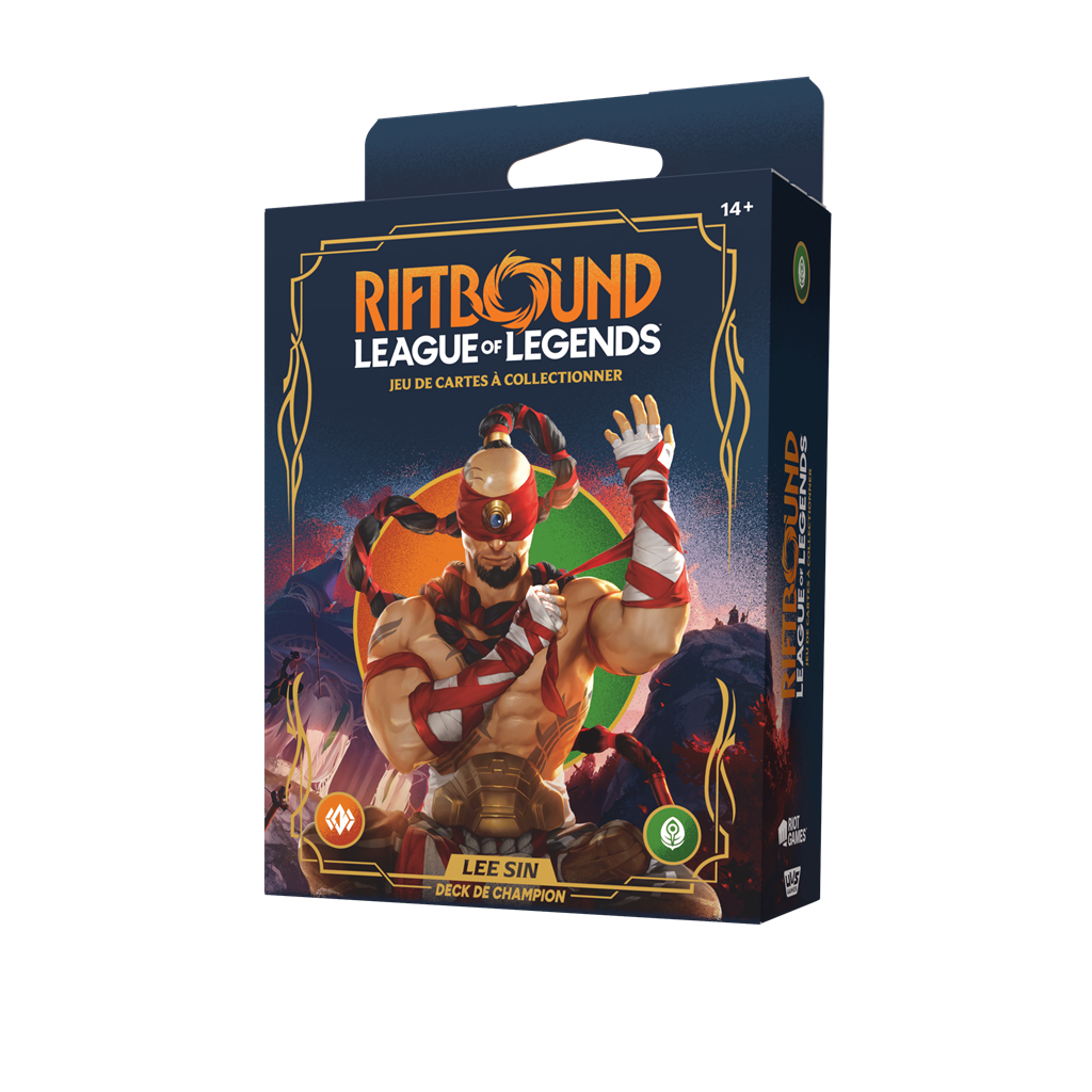 Boîte Riftbound Origines Deck de Champion Lee Sin en français, jeu de cartes League of Legends avec illustration du moine aveugle en tenue de combat rouge et dorée.