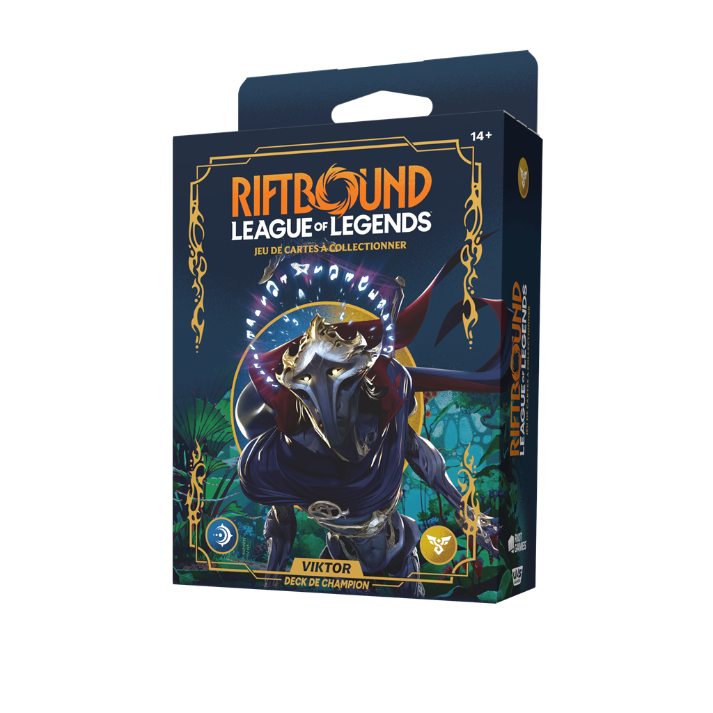 Boîte Riftbound Origines Deck de Champion Viktor en français, jeu de cartes League of Legends avec illustration de Viktor masqué, vêtu d'une cape sombre, entouré de runes lumineuses et d'un décor fantastique.