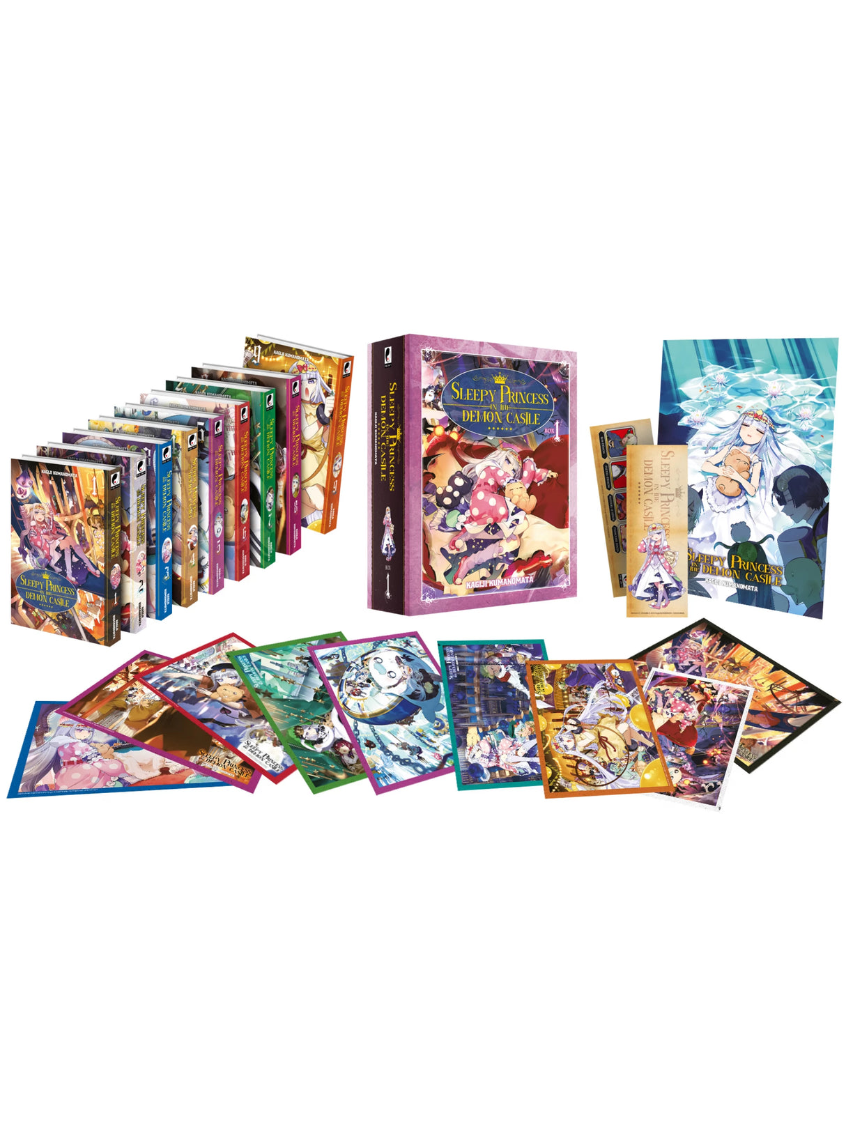 Coffret collector Sleepy Princess in the Demon Castle Box 1 – tomes 1 à 9, avec la princesse Syalis endormie entourée de peluches, manga de Kagiji Kumanomata.