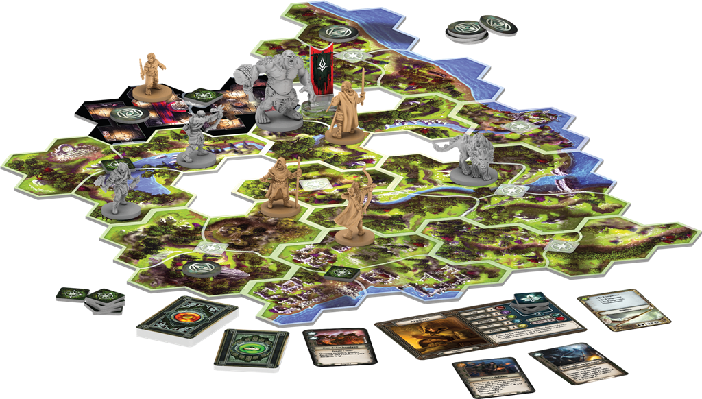 Boîte du jeu de société Le Seigneur des Anneaux : Voyages en Terre du Milieu de Fantasy Flight Games, illustrant des héros combattant des Orques dans une forêt sombre, jeu coopératif pour 1 à 5 joueurs.