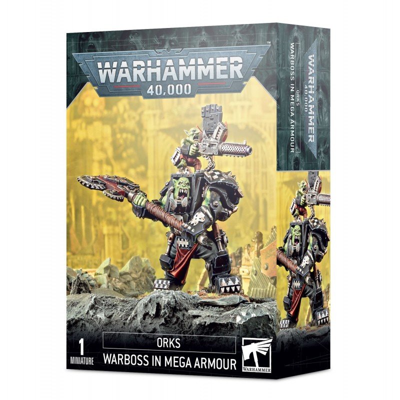 Boîte Warhammer 40,000 Orks Boss de Guerre en Méga-Armure contenant 1 figurine Citadel avec chef ork en armure massive et grot armé.