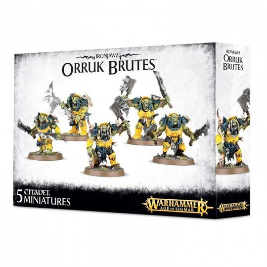 Boîte Warhammer Age of Sigmar Ironjawz Orruk Brutes avec 5 figurines orruks armées en jaune et bleu sur fond blanc.