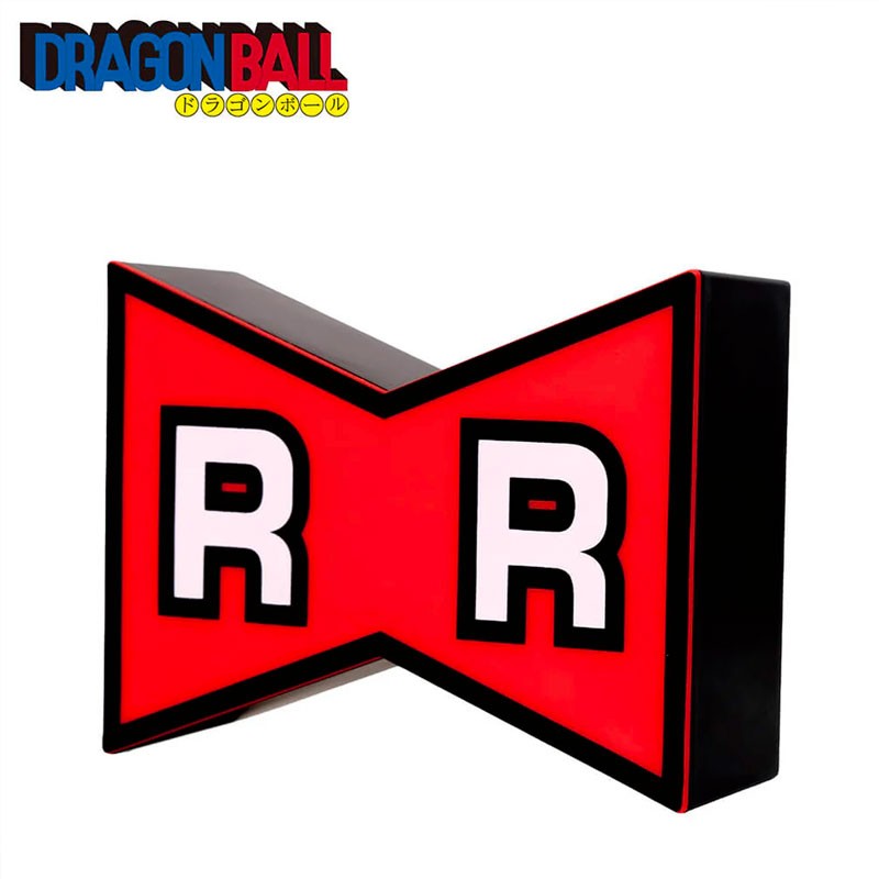 Lampe Dragon Ball représentant le logo rouge et noir de la Red Ribbon Army avec les lettres RR.