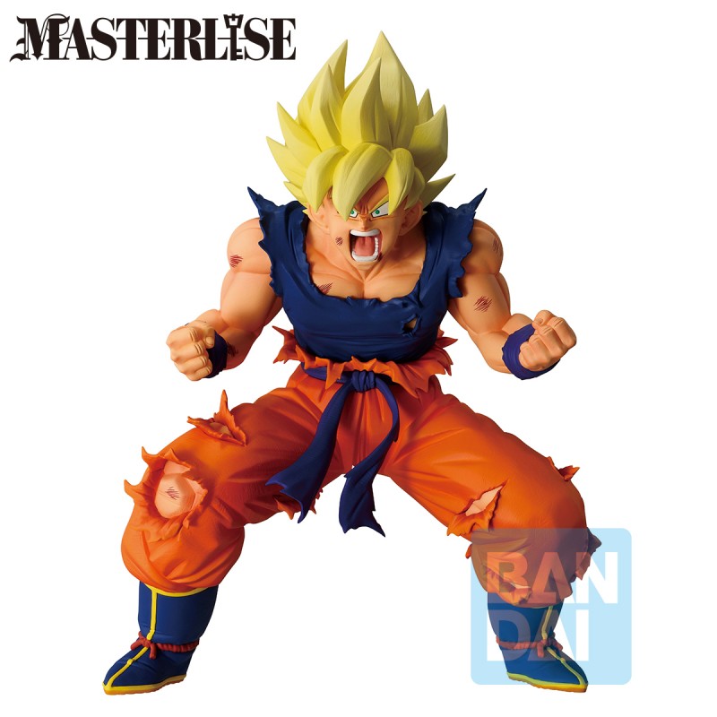 Figurine Bandai Ichibansho Super Saiyan Son Goku en tenue orange déchirée, en posture de combat sur fond blanc.