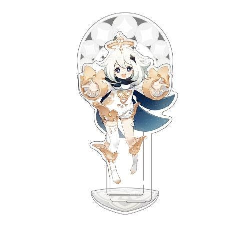 Figurine acrylique de Paimon, personnage de Genshin Impact, en style chibi avec fond blanc étoilé