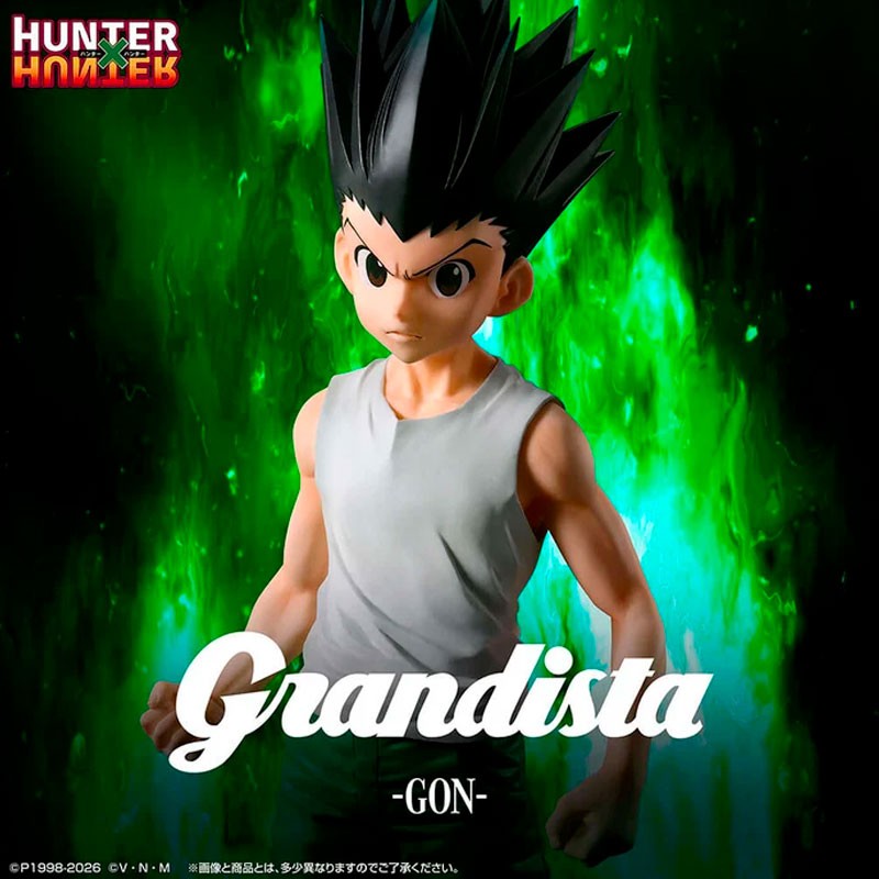 Figurine Hunter x Hunter Grandista Gon Freecss par Banpresto, représentant Gon en débardeur blanc, short vert, bottes vertes et poings serrés en posture déterminée.