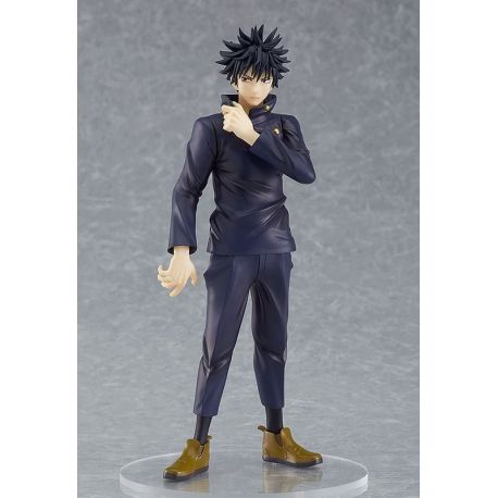 Figurine Megumi Fushiguro de Jujutsu Kaisen, collection Pop Up Parade par Good Smile Company, en uniforme noir avec cheveux en bataille, sur socle transparent.