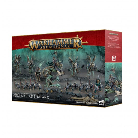 Boîte Warhammer Age of Sigmar Phalange de la Myriade du Néant avec figurines de Seigneurs Ruinemânes sur fond brumeux.
