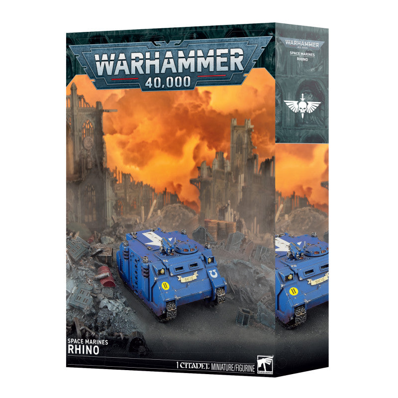 Boîte Warhammer 40,000 Space Marines Rhino contenant 1 figurine Citadel de véhicule blindé bleu à chenilles pour armée Space Marines.