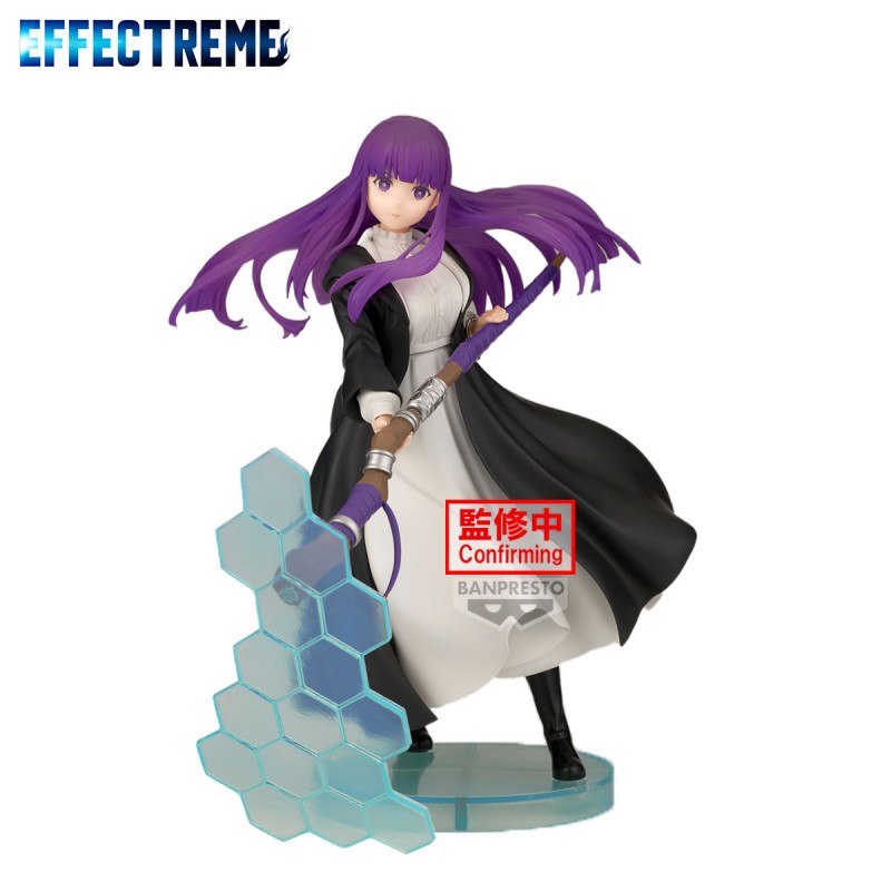 Figurine Frieren: Beyond Journey’s End Effectreme Fern par Banpresto, représentant Fern aux cheveux violets avec bâton et effet magique bleu translucide devant une lune.