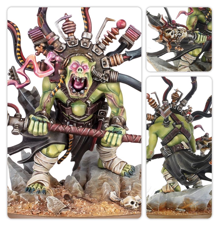 Figurine Warhammer 40,000 Orks Bizarboy, psyker ork avec bâton, câbles et équipement étrange sur socle décoré.