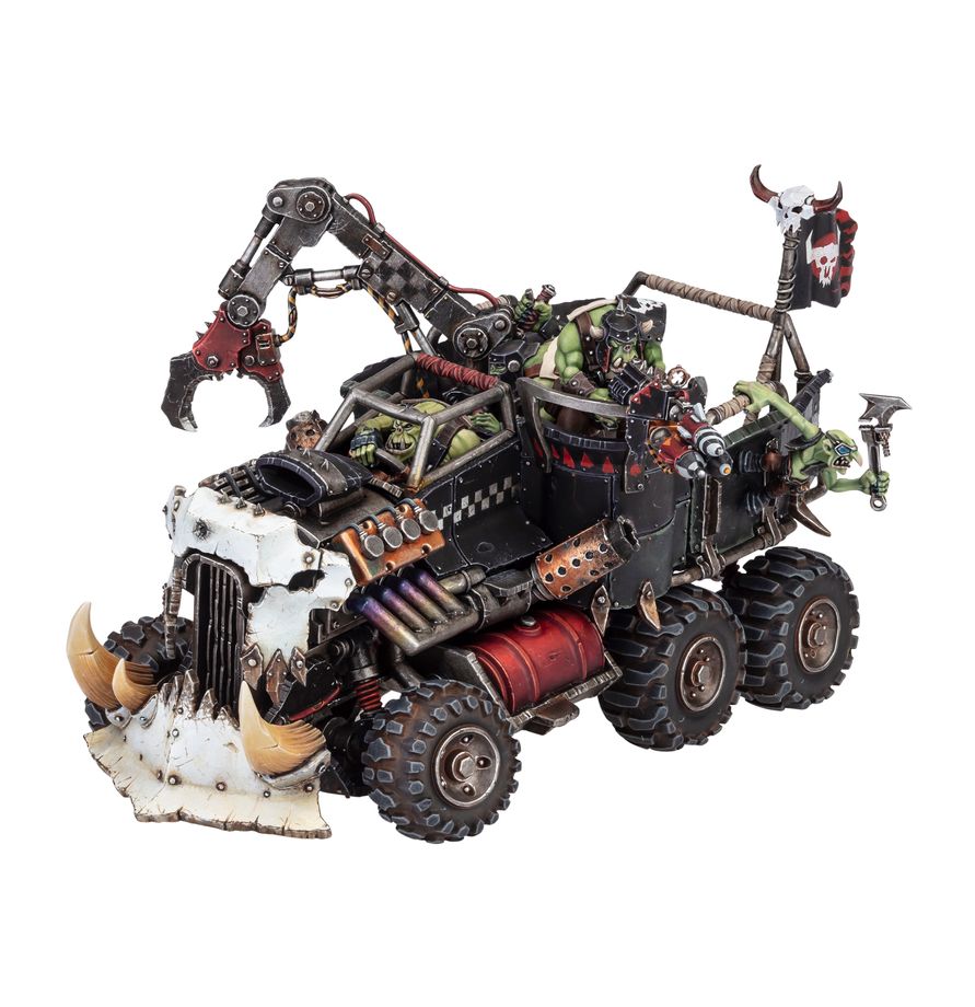 Boîte Warhammer 40,000 Orks Trukk Kamion contenant 1 figurine Citadel de véhicule ork blindé avec pince mécanique, gros pneus et défenses massives.
