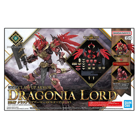Maquette 30 Minutes Fantasy 30MF Class Up Armor Dragonia Lord rouge avec ailes, cornes et grande épée sur fond blanc.