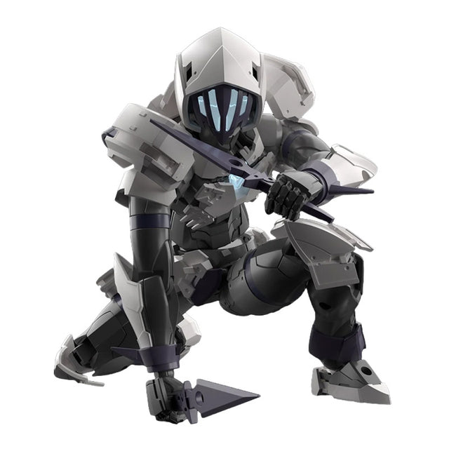 Maquette 30 Minutes Fantasy 30MF Rosan Assassin en armure grise et noire, accroupie avec lames courtes sur fond blanc.