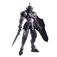 Maquette 30 Minutes Fantasy 30MF Rosan Knight en armure noire et violette avec épée, bouclier et casque de chevalier sur fond blanc.