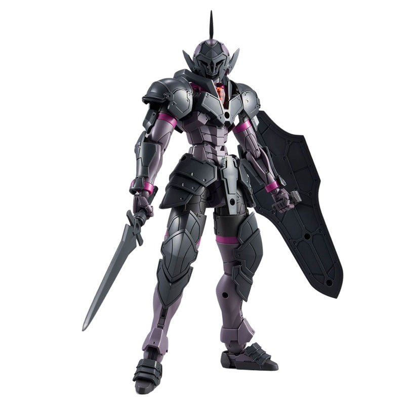 Maquette 30 Minutes Fantasy 30MF Rosan Knight en armure noire et violette avec épée, bouclier et casque de chevalier sur fond blanc.